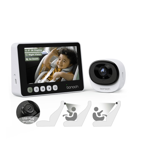 2K Baby Car Camera with Full Crystal Night Vision, 5 Inch Baby Car Montior for Back Seat Rear Facing