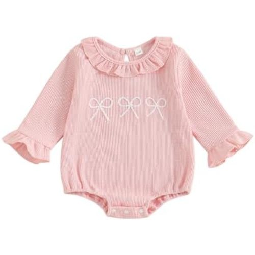 Newborn Baby Girl Fall Outfit Bow Embroidered Ruffle Collar Romper Flare Long Sleeve Waffle Knit Sweater Bodysuit