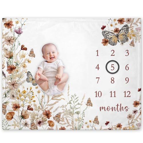 Yuzioey Wilfflower Girl Milestone Blanket, Floral Baby Growth Chart Monthly Blanket, Watch Me Grow Girl Wildflower Baby Nursery for New Moms Baby Shower(50"x40")