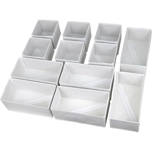 Set of 12 Drawer Organizer, Fabric Closet Organizer and Storage Baskets,Foldable Drawer Divider for Clothing,Sock,Ties,Underwear Drawer Organizers,Set of Cabinet Storage Boxes (White)