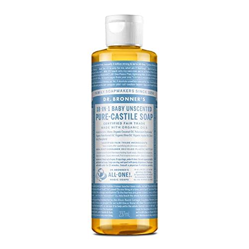 Dr. Bronner’s Pure-Castile Magic Liquid Soap (Baby Unscented, 8 Ounce)- Made with Organic Oils, 18-in1 Uses: Face, Body Wash, Baby Soap, Sensitive Skin, No Added Fragrance, Vegan, Non-GMO