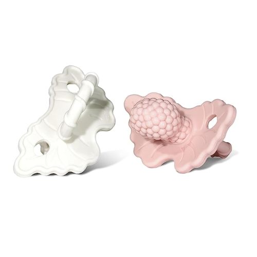 RaZbaby Soft Silicone Infant & Baby Teether, Berrybumps Textured Teething Relief Pacifier 3M+, Soothes Gums, Hands-Free & Easy-to-Hold Fruit-Shaped RaZberry Design, BPA Free, 2-Pack – Pink/White - Pink & White - 2 Count (Pack of 1)
