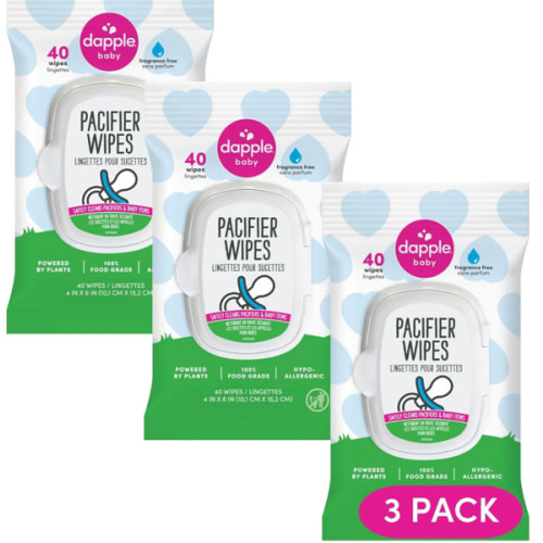 Dapple Pacifier Wipes, for Baby and Toddlers, Diaper Bag Essentials, Fragrance Free 40 Ct, Pack of 3
