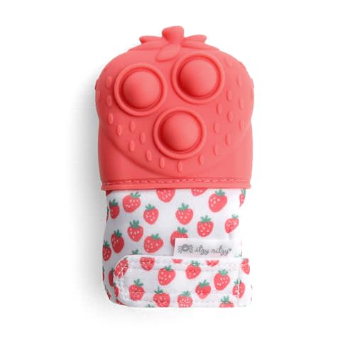 Itzy Ritzy Silicone Teething Mitt - Soothing Infant Teething Mitten w/Adjustable Strap, Crinkle Sound, Textured Silicone, Soothes Sore & Swollen Gums, Baby Teething Toy for 3 Mos + (Strawberry)