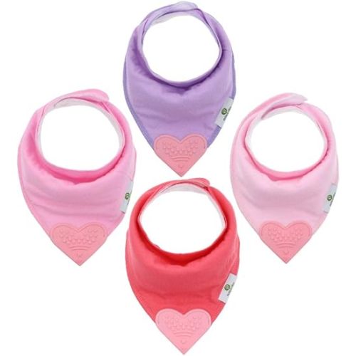Baby Bandana Teething Bibs with Attached Silicone Teether - Set Of 4 - Solid Pinks