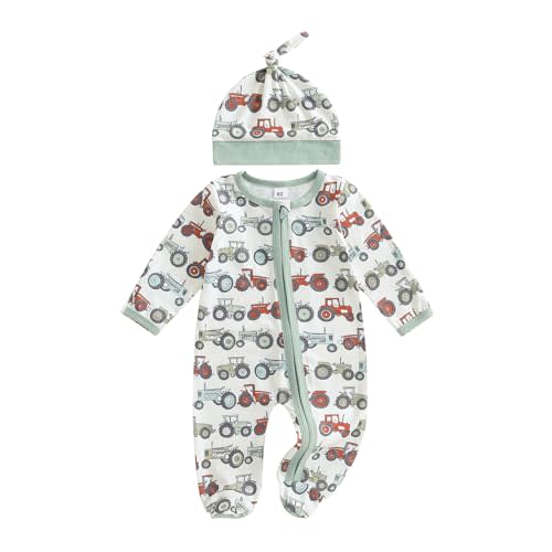 Santikisler Newborn Baby Boy Outfit Jumpsuit Tractor Outfit Long Sleeve with Hat Farm Fall Footie Clothes