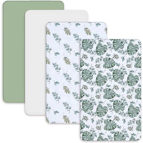 AMROSE 4 Pack Soft Mini Crib Sheets, Microfiber Pack N Play Sheets Set for Baby Girls Boys, Silk Touch Gentle Playard Sheet Portable Crib Sheet, Sage Green Leaf