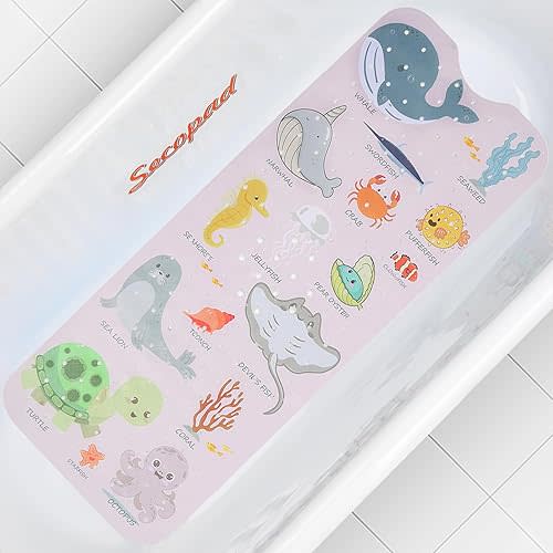 Baby Bath Mat, Cartoon Kids Bathtub Mat Non Slip for Toddler Bath Shower Anti Slip, 40In X 16In with Drain Holes and Suction Cups Machine Washable, Pink Sea Animals