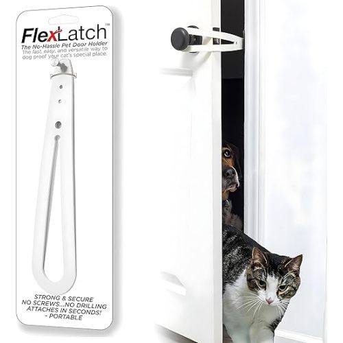 Cat Door Holder Latch - Bright White Cat Door Alternative Installs Fast Flex Latch Strap Let's Cats in and Keeps Dogs Out of Litter & Food. Safe Baby Proof One Piece No Measuring Extra Easy