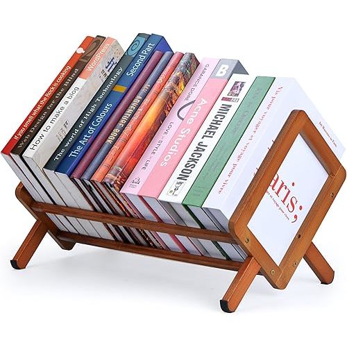 Bamboo Desktop Bookshelf, Retro Desk Bookshelf Organizer, Tabletop Bookshelves, Large Magazine Holder Racks for Home Office, Tilting Bookcase for Magazines Books Files Letters Files CDs Display, Brown