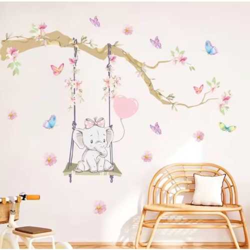 Elephant Swing Wall Decal | Butterfly Nursery Sticker, Kids Room