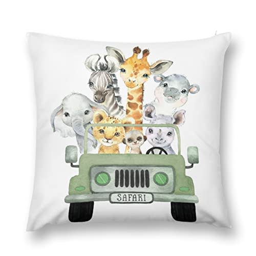 HawSkgFub Baby Boy Girl Safari Animal Truck Decorative Nursery Pillowcase Throw Pillow Cover, Jungle Cushion Case Bedroom Playroom Baby Shower Decor, Elephant Zebra Giraffe Lion Neutral Kid Gift 20x20