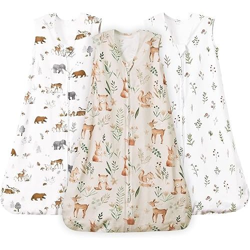 PHF Baby Sleep Sack 12-18 Months 3 Pack 100% Cotton Baby Wearable Blanket, 2-Way Zipper 0.5 TOG Toddler Sleeping Sack, Comfy Sleep Bag for Baby Boys Girls, Woodland&Animal (Large)