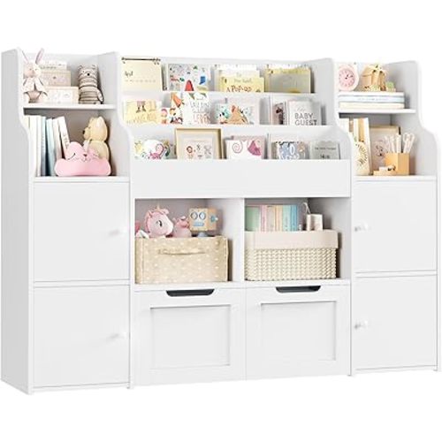 FINETONES Toy Storage Organizer, Large Toy Organizers and Storage with 8 Storage Cubbies and 2 Movable Drawers, Toy Shelf Organizer with 4 Display Shelves, 3-Tier Kids Bookshelf and Toy Storage
