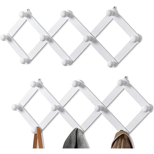 2 Pack Accordion Wall Hanger, Expandable Coat Rack Wall Mounted, Wood Hat Hanger for Hanging Coat, Hats, Caps, Mugs, 10 Peg, White