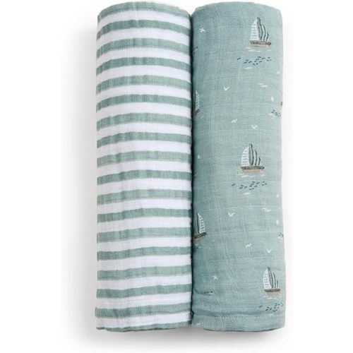 aden + anais Boutique 100% Organic Cotton Muslin Swaddle, Breathable Baby Blanket, Ideal for Boys, Girls, Newborns, Babies & Infants, Receiving Blanket, Soft and Lightweight Wrap, 2 Pack, Sailing Seas