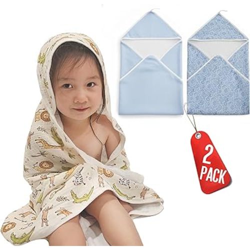 2-Pack Muslin Hooded Baby Towels, 100% Cotton, Towels for Babies, Infants, Toddles, Soft and Absorbent for Boy and Girl, Baby Towel with Hood, Babies Towel Set, Animals, Flowers (Blue Flowers)