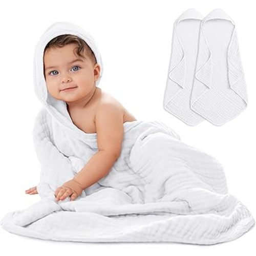Comfy Cubs 2 Pack Baby Hooded 9 Layer Muslin Cotton Towel for Kids, Large 32” x 32”, Ultra Soft, Warm, and Absorbent. Baby Essentials Bath Towels, Cute Unisex Cover for Girls and Boys (2 Pack, White)