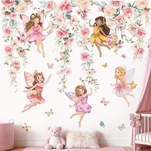 wondever Flower Fairy Wall Decals Pink Floral Girl Butterfly Wall Stickers