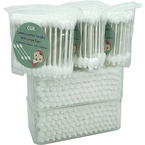 400pcs CGR Baby Safety Cotton Swabs with Large Tips for Newborn, Babies, Kids, Children, 100% Organic Cotton, White Paper Sticks, 5 Pack of 80 Swabs Total(2 Boxes and 3 Bags)