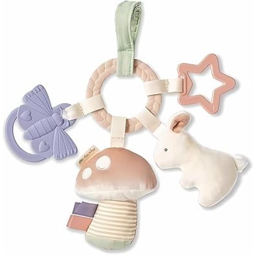 Itzy Ritzy Teething Activity Toy - Bitzy Busy Ring Infant Teething Toy Features Braided Ring & Dangling Toys, Includes Teether, Textured Ribbons, Crinkle Sound & Jingle Bell - 0 Months & Up (Bunny)