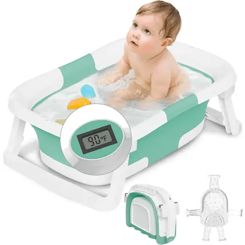 Collapsible Baby Bathtub,Baby Bath Tub with Soft Cushion & Thermometer,Baby Bathtub Newborn to Toddler 0-36 Months,Portable Travel Baby Tub
