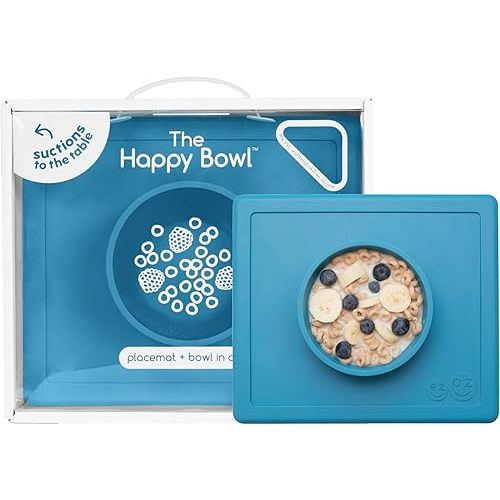 ezpz Happy Bowl - 24 Months + (Blue) - 100% Silicone Suction Bowl with Built-in Placemat – Dishwasher Safe