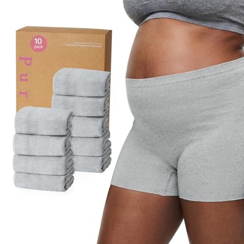 PurComfy 10 Pcs Postpartum Underwear for Women, High Waisted Disposable Boyshort Underwear for Mom Postpartum, Seamless Under Wear for Postpartum Essentials, Waist 28"- 42" Stretched, Grey