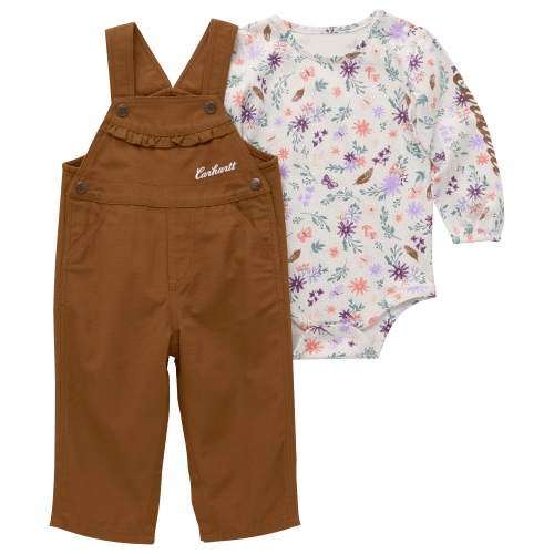 Carhartt Flower Printed Long-Sleeve Bodysuit and Ruffled Canvas Overalls Set for Babies