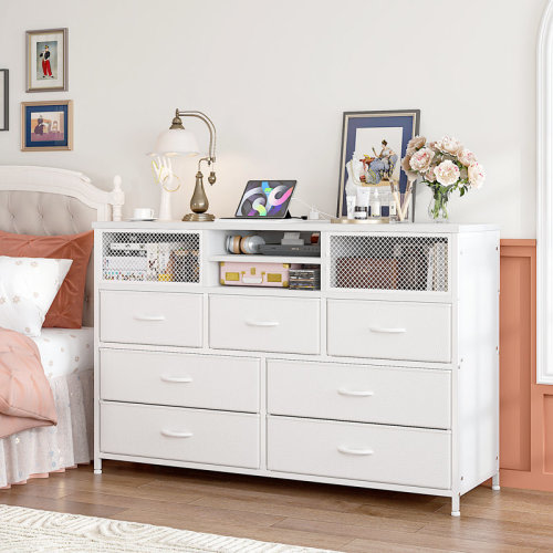 Rebrilliant 7 Drawers Dresser For Bedroom With Metal Mesh Door, Wide Dresser Tv Stand With Power Outlets & Reviews | Wayfair