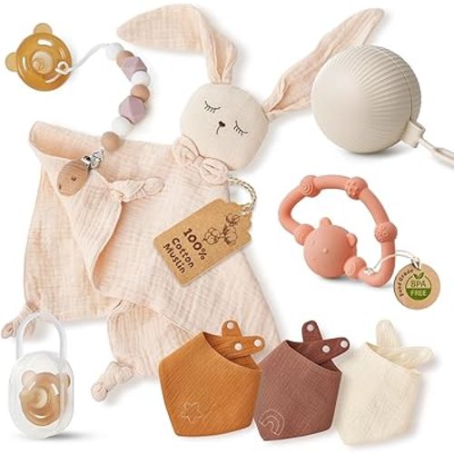 Giant bean Baby Gift Basket, Baby Shower Gifts for Girls, Includes Silicone Teething Toy, Pacifier, Pacifier Holder Case, Rabbit Comforter, Cotton Bib, Perfect for Boys and Girls