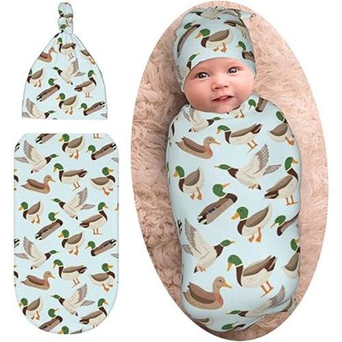 Cute Mallard Duck Baby Stuff Swaddle Blanket with Beanie Set, Soft Baby Swaddle Sack Newborn Sleeping Sacks for Girls Boys