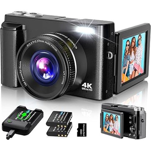 4K Digital Camera for Photography Autofocus, 2024 Latest 48MP Vlogging Camera for YouTube with SD Card, 2 Batteries, 3" 180°Flip Screen Compact Travel Camera for Teens with 16X Zoom, Anti-Shake,Black