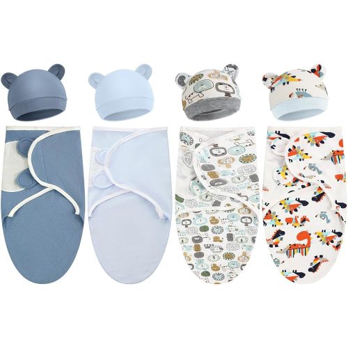 Buryeah 4 Pack Preemie Swaddle Blanket Wrap Set with Hat for Baby Boys Girls 3-7 Lbs Preemie Newborn Clothes Sleepers Cap