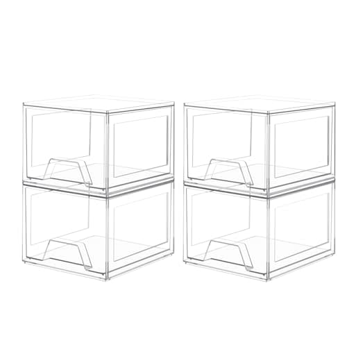 Damomo 4 Pack Stackable Organizer Drawers, 4.4" Tall Clear Bathroom Makeup Organizer and Storage, Acrylic Small Organizers Bins for Vanity, Undersink, Bathroom, Pantry, Kitchen Cabinets