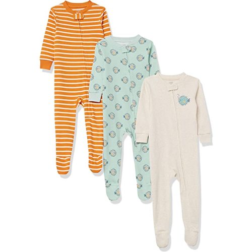 Amazon Essentials Toddlers and Baby Girls' Snug-Fit Cotton Footed Sleeper Pajamas, Multipacks - 3 - Sea Friends - 12 Months