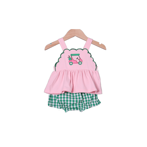 Applique Golf Cart Pink and Green Gingham Bloomer Set (18M)