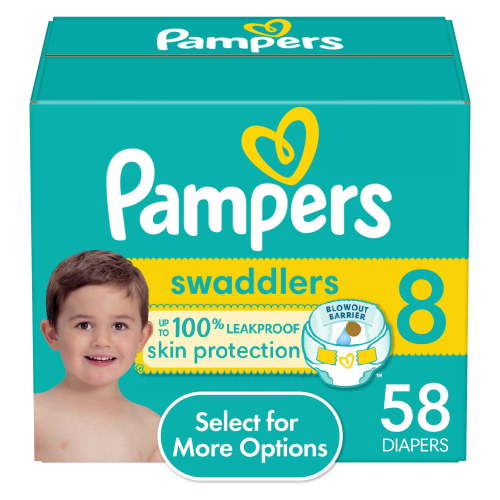 Pampers Swaddlers Size 8 Diapers, 58 Count - Leak-Guard Protection with Cute Character Designs(Select for More Options)