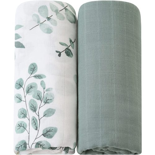 LifeTree Muslin Baby Swaddle Blankets, Baby Swaddling Neutral Receiving Blanket for Boys & Girls, 70% Bamboo & 30% Cotton, Large 47 x 47 inches Eucalyptus Print/Roman Green