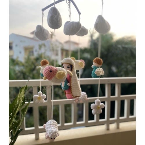 Catholic Baby Crib Mobile – Handmade Virgin Mary Nursery Decor, Crochet Crib Lamp, Baptism Keepsake, Newborn Shower Gift Idea