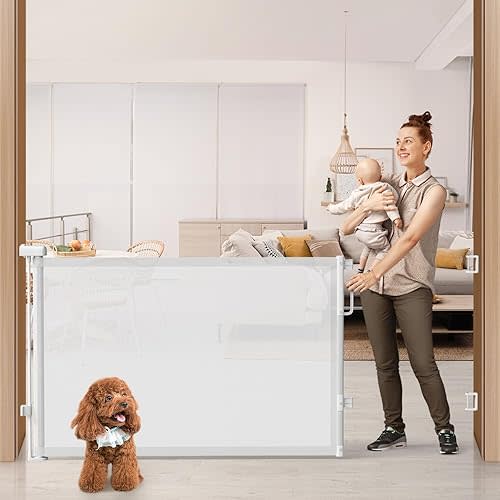 76'' Retractable Baby Gates Extra Wide, Mesh Long Dog Gate for Wide Openings, Indoor Outdoor Stair Gate for Doorways Hallways Deck Porch, Child Pet Safety Essentials for Home, White