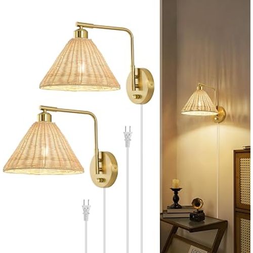 Rattan Plug in Wall Sconces Set of 2, Gold Wall Lamps with Plug in Cord and Dimmer On/Off Knob Switch, Swing Arm Wall Mount Light Fixture Beside Reading Lighting for Bedroom, Living Room