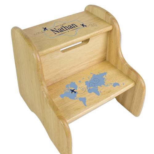Blue World Map Natural Wood Two Step Stool