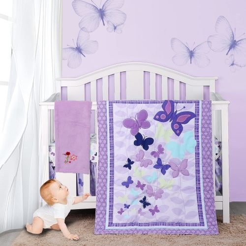 Sweet Baba Luxury 4 PC Cotton Butterfly Purple Crib Bedding Set for Baby Girls, Microfiber Printed Nursery Bedding Set with Comforter/Skirt/Crib Sheet/Blanket