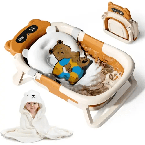 Collapsible Baby Bathtub for Newborn to Toddler (0-18 Months) - Foldable Baby Bath Tub with Soft Towel, Newborn& Infant Bathtub for Travel and Outdoor, Brown