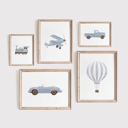 Blue Car Wall Art Decor Boys Room Canvas Poster Vintage Train Transportation Wall Art Watercolor Toddler Art Prints Blue Car Pictures Painting for Boy Bedroom Kids Nursery 8x10 Inch Unframed Set of 5