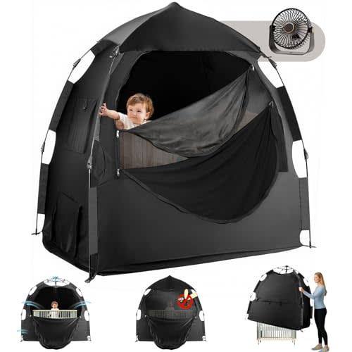 Warmoasis Black Out Tent for Pack and Play,Dual-Use Door Design,Light Blocking & Breathable Baby Blackout Tent,1-Click Setup,Portable Design,for Home&Travel,Included Fan,Peaceful Sleep