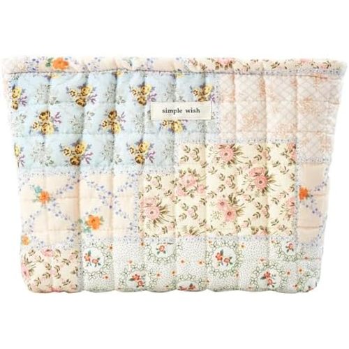 Floral Makeup Bag Large Cotton Quilted Cosmetic Makeup Bag Organizer, Aesthetic Portable Pouch Purse Toiletry Bag for Women Girls Travel accessories(Blue Floral-L)