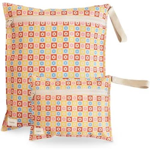 Amazon.com: mushie Water Resistant Wet Bags | Large & Small Reusable Storage Bag for Baby Items and Travel | Zippered Pockets with Handle | Machine Washable, Set of 2 (Happy Flowers Check)
