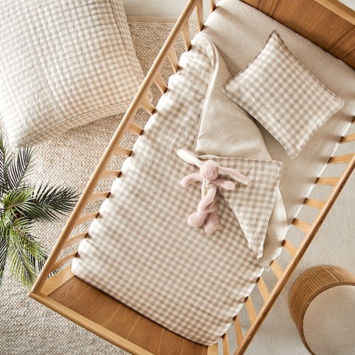 Vintage Washed Linen Check Cot Quilt Cover Set
